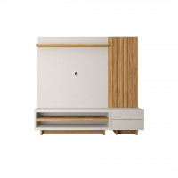 Manhattan Comfort 2-400551400451 Cornwall 75.74 Right Modular Entertainment Center with Overhead Shelf and Drawers in Off White and Cinnamon Light Brown